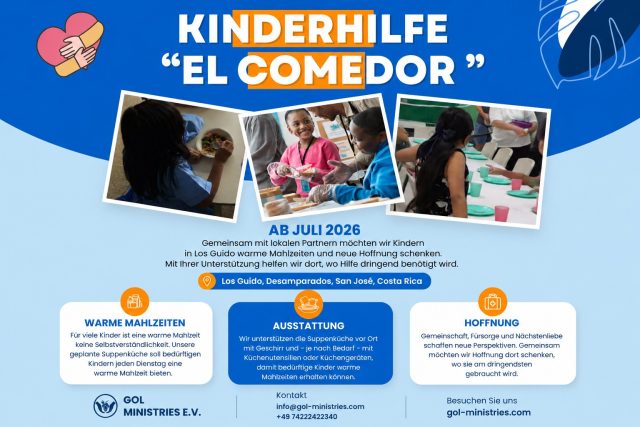🍲 Kinderhilfe „El Comedor“ – ab Juli 2026  In Los Guido (Costa Rica) möchten wir gemeinsam mit lokalen Partnern Kindern eine warme Mahlzeit, Gemeinschaft und neue Hoffnung schenken.  Mit Ihrer Unterstützung helfen wir dort, wo Hilfe dringend benötigt wird. Jede Spende trägt dazu bei, bedürftigen Kindern regelmäßig eine warme Mahlzeit und eine bessere Perspektive zu ermöglichen.  ❤️ Ein besonderes Dankeschön an alle Unterstützer, die dieses Projekt mittragen. Durch Ihre großzügige Hilfe kommen wir unserem Ziel einen großen Schritt näher und können dort Hoffnung schenken, wo sie am dringendsten gebraucht wird.  ❤️ Gemeinsam können wir einen Unterschied machen.  #Kinderhilfe #CostaRica #ElComedor #Nächstenliebe #Hoffnung #GOLMinistries #GemeinsamHelfen